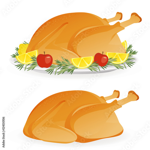 Roasted appetizing holiday turkey on platter isolated