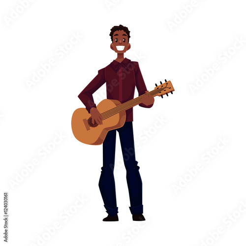 Young African American male guitar player, cartoon vector illustration isolated on white background. Full height portrait of black man with a wide smile playing guitar