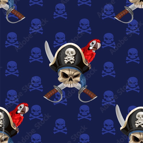 Blue seamless background wirh Jolly Roger in hat with parrot