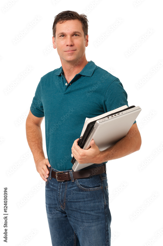 Adult Male student with books and computer isolated on white background Adult Male student with books and computer isolated on white background