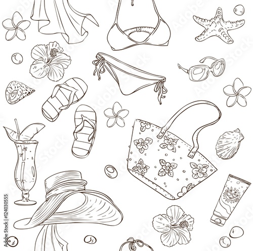 Seamless pattern on a beach theme - goggles, a swimsuit, clams o