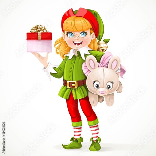 Cute girl elf Santa's assistant holding underarm large plush toy