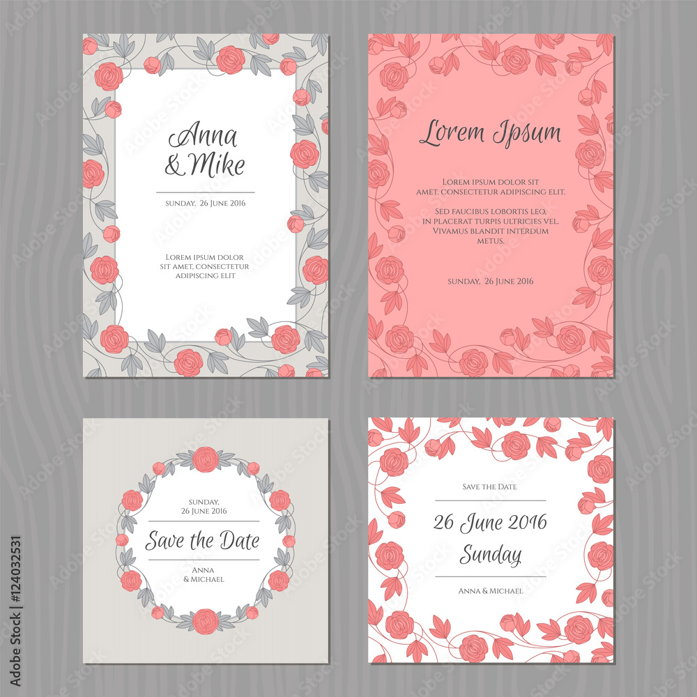 Wedding card set with flower. Grey, pink and black color.