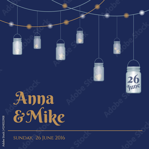 Wedding invitation or greeting card with mason jars. Vector illustration.