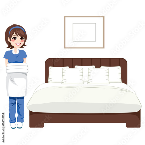 Hotel cleaning service woman working on bedroom holding clean white towels and bed sheets