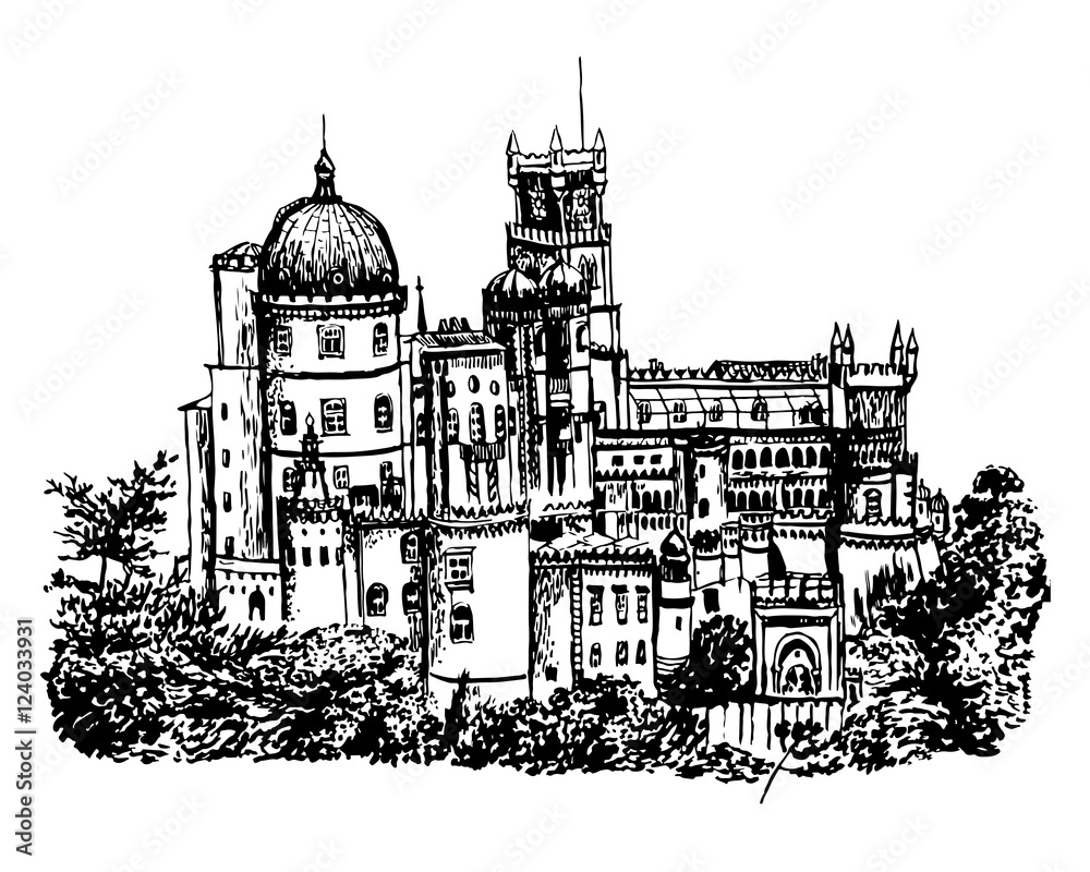 background views of the Pena Palace in the green, Sintra, Portugal, sketch, hand-drawn vector illustration
