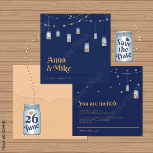 Wedding invitation or greeting card with mason jars. Vector illustration.