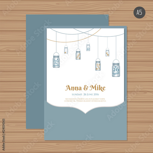 Wedding invitation or greeting card with mason jar. Vector illustration.