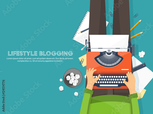 Workplace with typewriter. Flat design.Writing a blog,blogging.Storytelling technique.Copywriting.