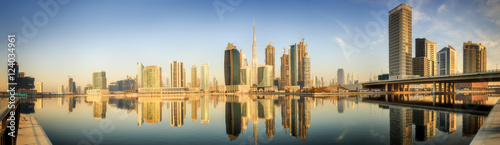 Panoramic view of Business bay and downtown area of Dubai at sunrise, UAE