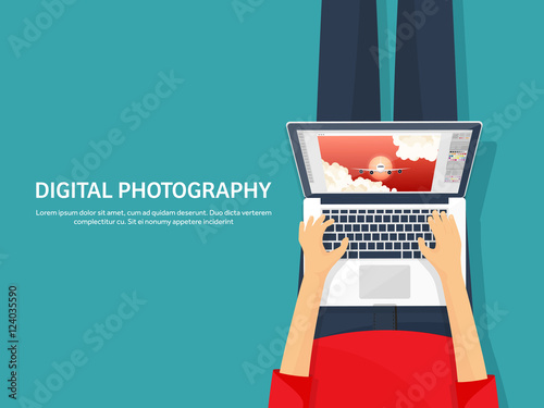 Photographer equipment on a table. Photography tools, photo editing, photoshooting flat background. Digital photocamera with lens. Vector illustration.