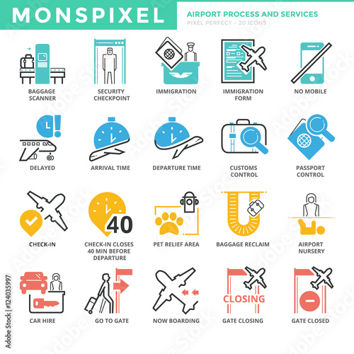 Flat thin line Icons set of Airport Process and Services. Pixel