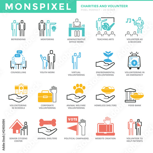 Flat thin line Icons set of Charities and Volunteer. Pixel Perfe
