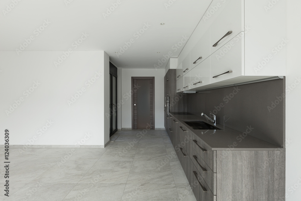 Interior, wide room with kitchen Interior, wide room with kitchen