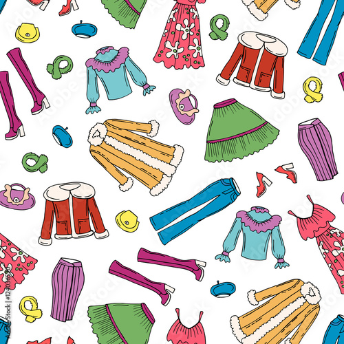 Colored pattern with hand drawn fashionable clothes for women on white color