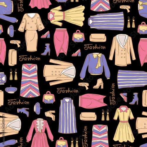 Pattern with hand drawn colored fashionable clothes for women on black color