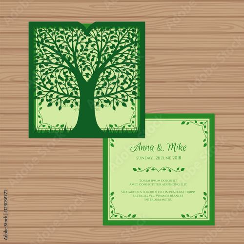 Wedding invitation or greeting card with tree. Paper lace envelope template. Wedding invitation envelope mock-up for laser cutting. Vector illustration.