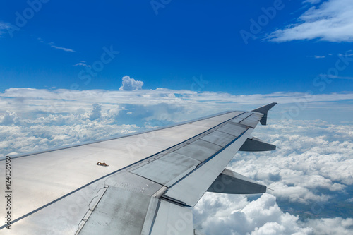 view from the airplane window flying above the clouds