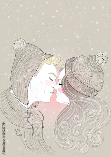 vector couple man and woman kissing under a gentle snowfall