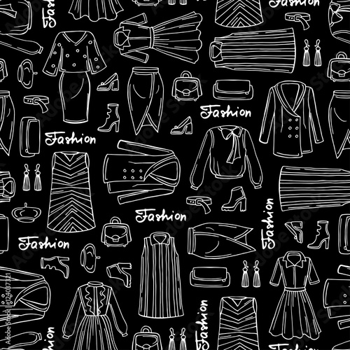 Pattern with hand drawn isolated fashionable clothes for women on black color