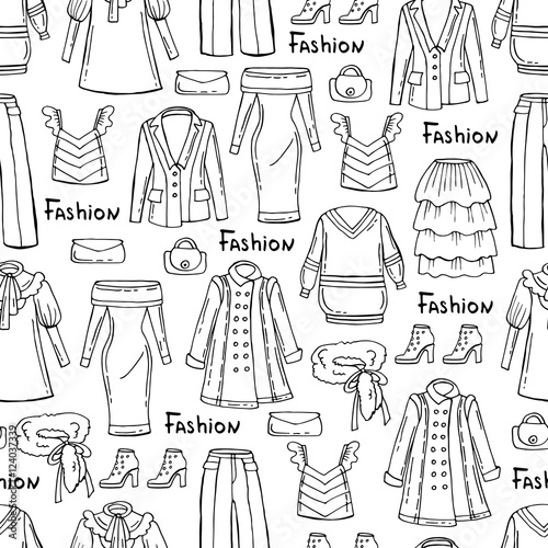 Pattern with hand drawn isolated fashionable clothes for women on white background