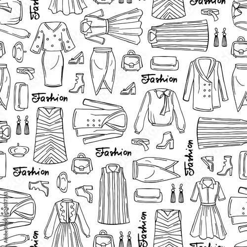 Pattern with hand drawn isolated fashionable clothes for women on white color