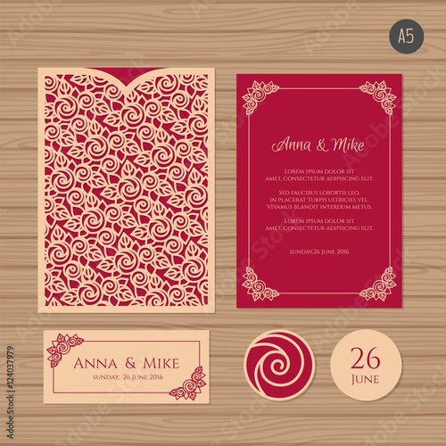 Wedding invitation or greeting card with floral ornament. Paper lace envelope template. Wedding invitation envelope mock-up for laser cutting. Vector illustration.