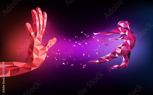 abstract of technological polygon hand, low poly running man, red purple technology revolution; futuristic backdrop; abstract science theme