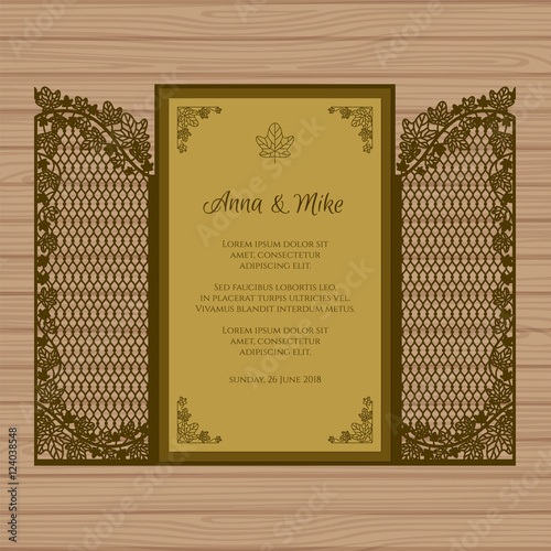Wedding invitation or greeting card with the gate and ivy. Paper lace envelope template. Wedding invitation envelope mock-up for laser cutting. Vector illustration.
