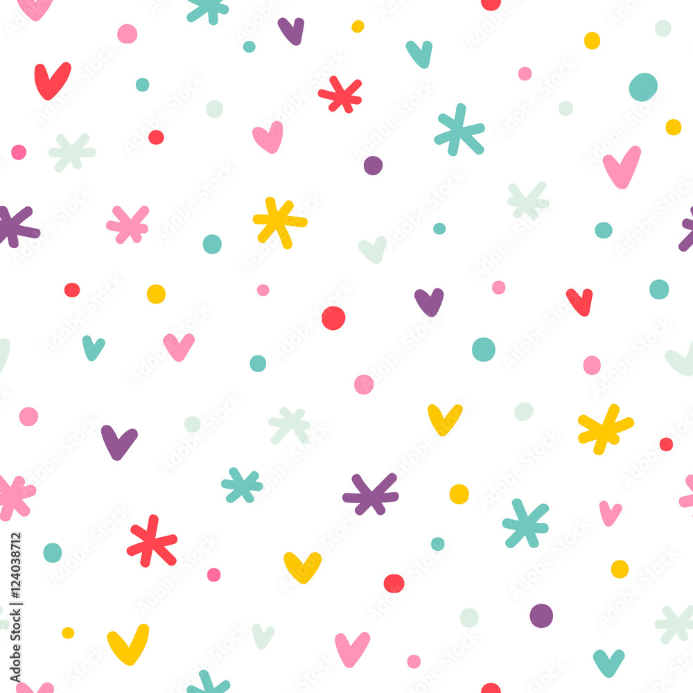 Abstract confetti, hearts and stars seamless pattern Abstract confetti, hearts and stars seamless pattern