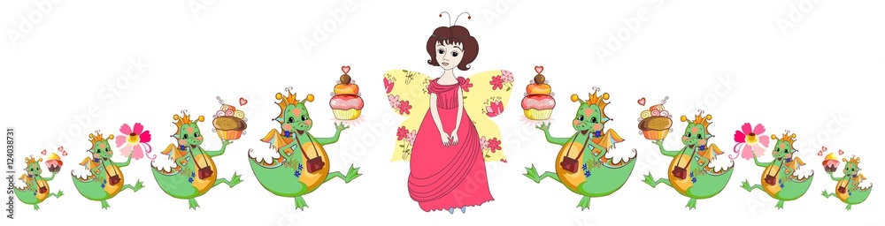 Beautiful border with cute cartoon fairy and dragons. Vector illustration for children. Print for fabric. Beautiful border with cute cartoon fairy and dragons. Vector illustration for children. Print for fabric.