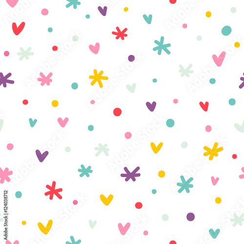 Abstract confetti, hearts and stars seamless pattern