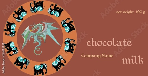 Vector handmade chocolate packaging design. Template with fairy green dragon and black elephants.