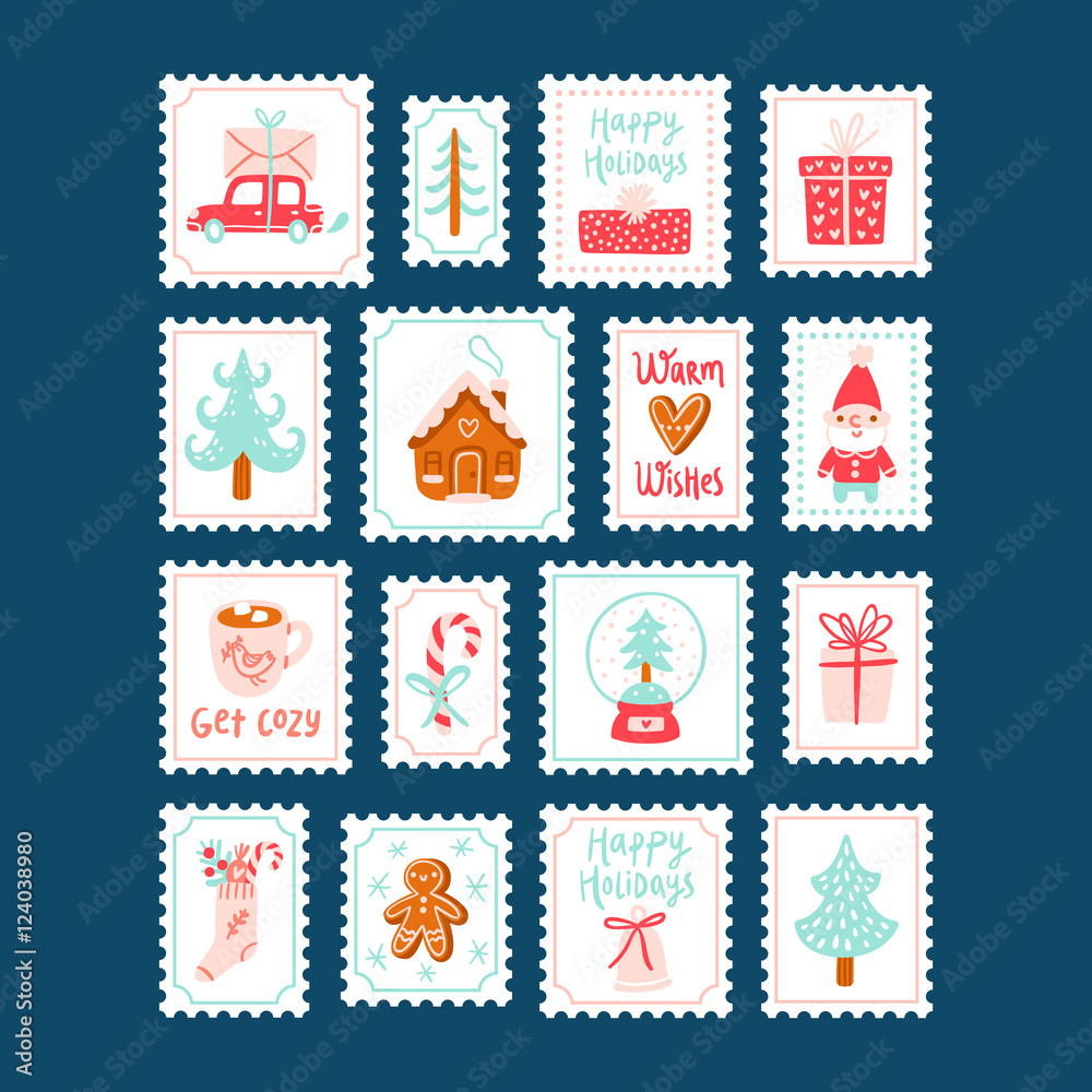 Winter holidays decorative post stamps set Winter holidays decorative post stamps set