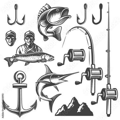 Set of vintage monochrome fishing elements isolated on white background
