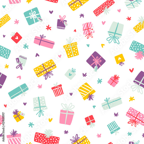 Party presents colorful seamless pattern with hearts and stars