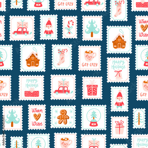 Winter holidays decorative post stamps seamless pattern