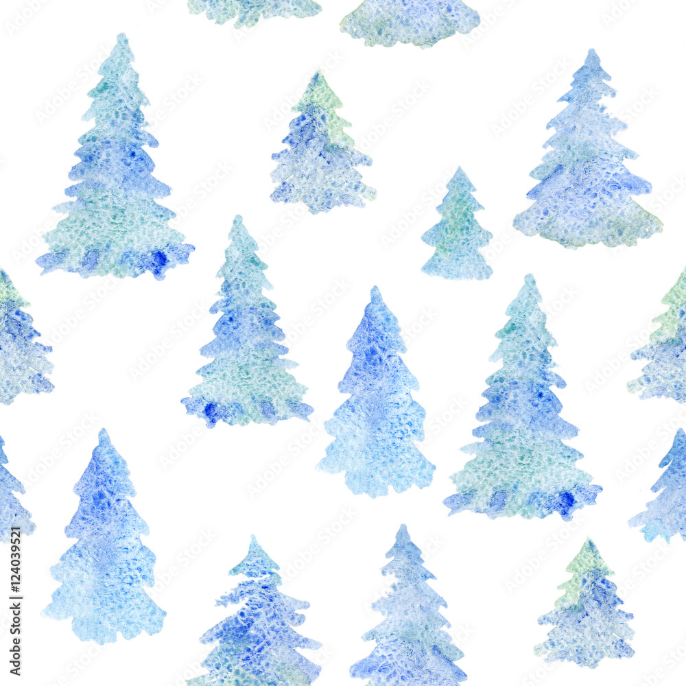 watercolor seamless pattern with blue pines. Fir forest isolated on white. Xmas background. New Year aquarelle