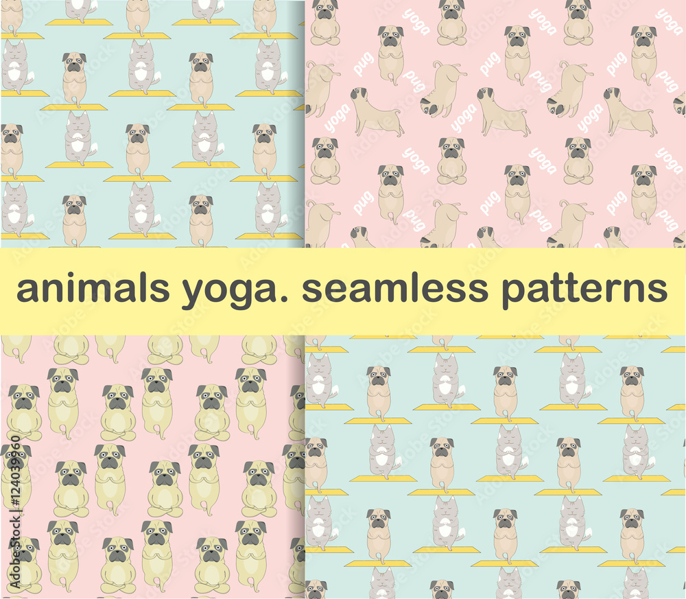 Set of Animals yoga pattern. Pugs and cats meditation yoga pattern. Cute animals. Vector seamless pattern. Set of Animals yoga pattern. Pugs and cats meditation yoga pattern. Cute animals. Vector seamless pattern.