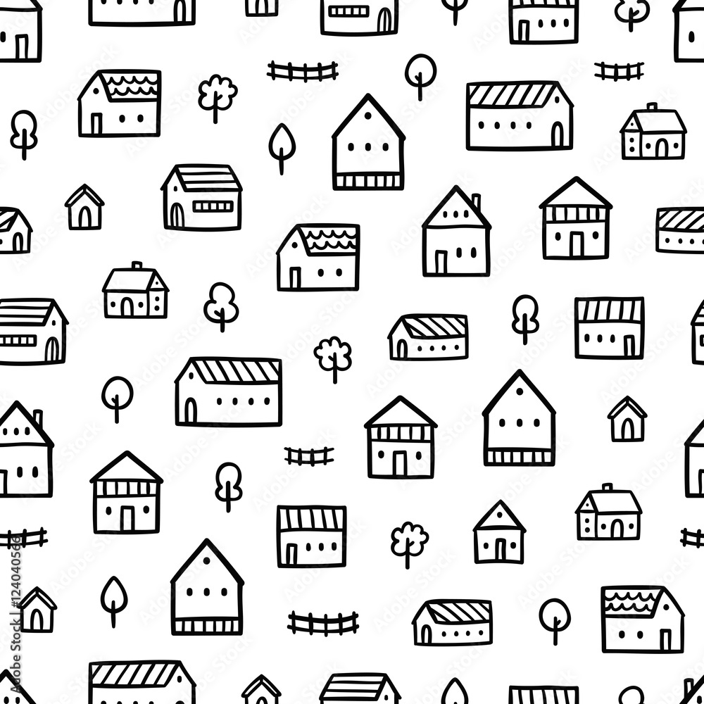 City houses doodle pattern