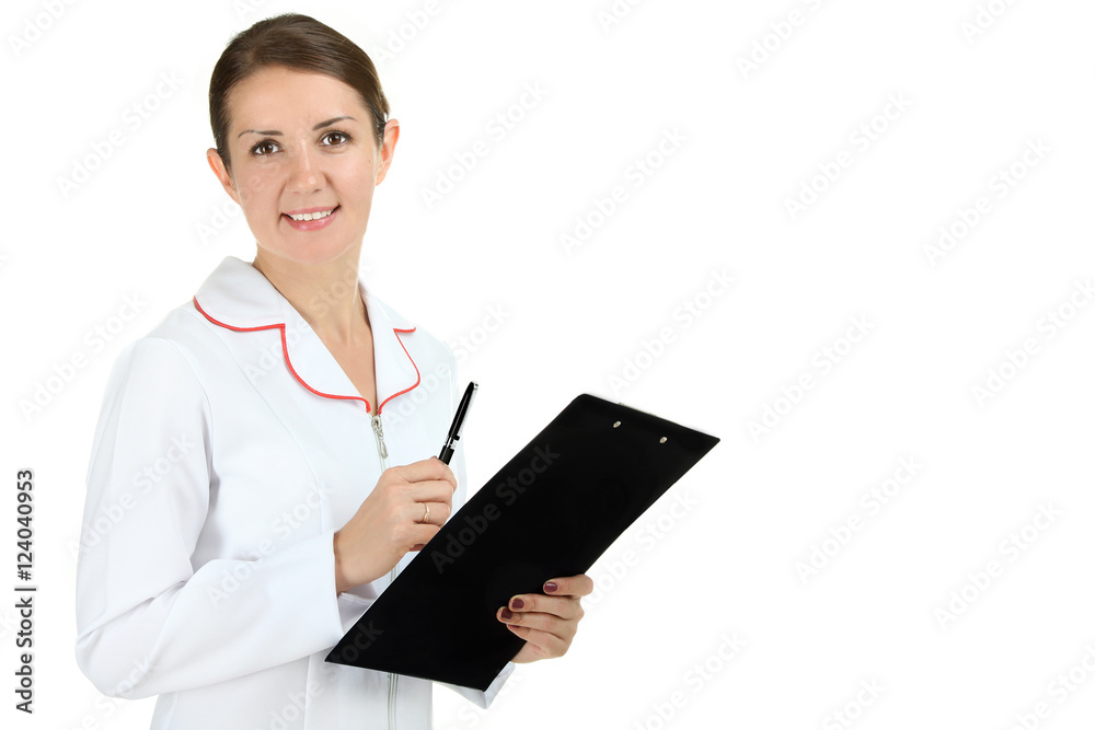 Smiling medical doctor woman on a white isolated background. Smiling medical doctor woman on a white isolated background.