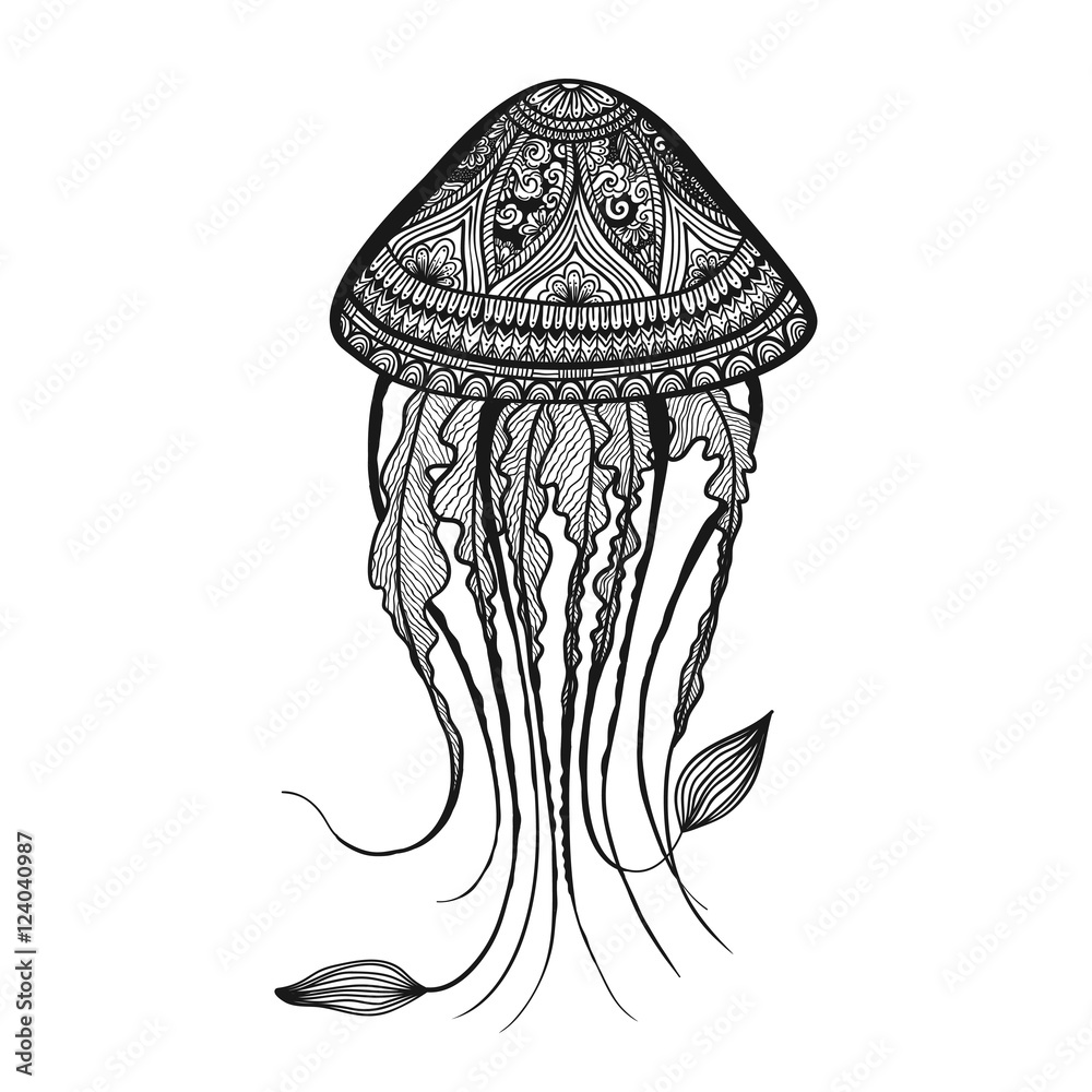 Hand drawn jellyfish zentangle style for coloring book, shirt design or
