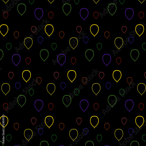 Vector illustration seamless pattern Multicolored balloons contours. On a black background