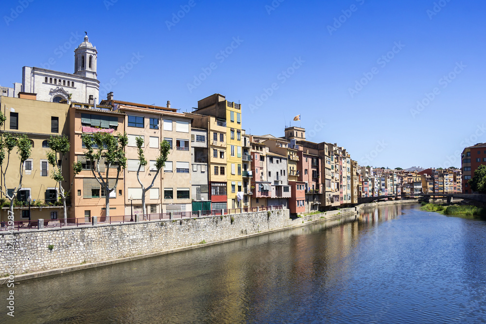 Girona picturesque small town with Colorful houses and ancient C