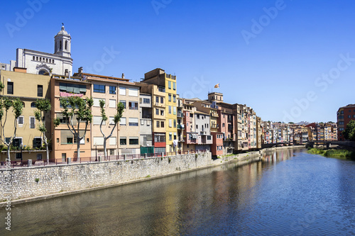 Girona picturesque small town with Colorful houses and ancient C