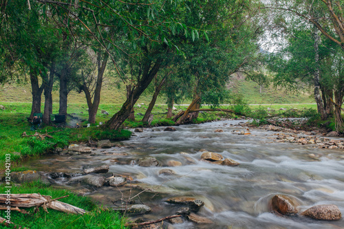 Mountain river flowing among mossy stones through the colorful forest.