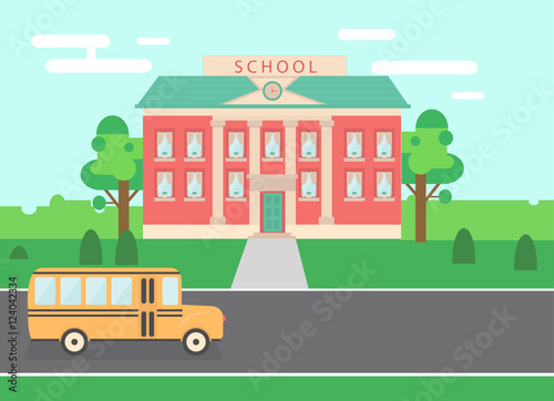 Time to go back school vector illustration background. Bus  and school facade composition. Flat style design