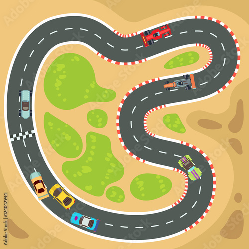 Racing computer and app game vector background with top view sport cars on race track