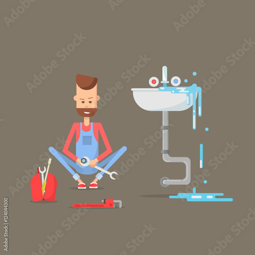 Plumber repairing faucet. Flat design vector illustration of plumber working in bathroom.