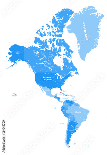 North and South America vector political map in tints of soft blue color palette